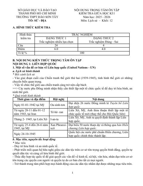 Đề cương ôn tập Giữa kì 1 Lịch sử 12 năm 2025–2026 trường THPT Đào Sơn Tây (TP Hồ Chí Minh)
